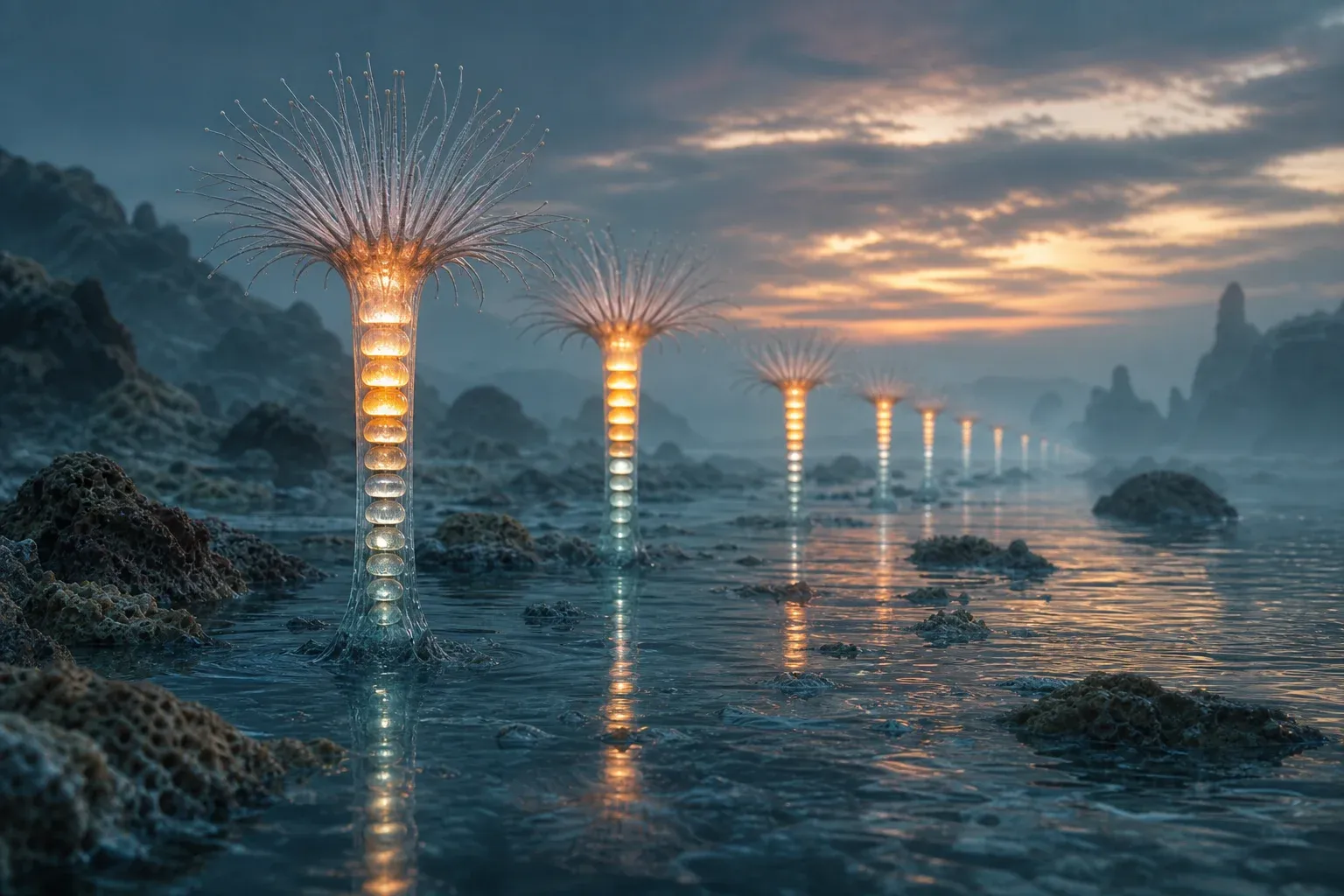 Reef organisms with stalks of stacked glowing discs, newest discs bright amber, receding in a row across dim teal water.