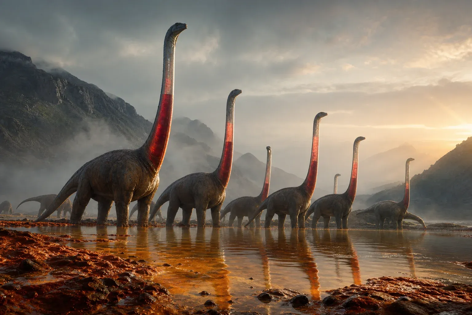 Long-necked animals in a misty valley, each with a translucent neck holding glowing red fluid at a different level.