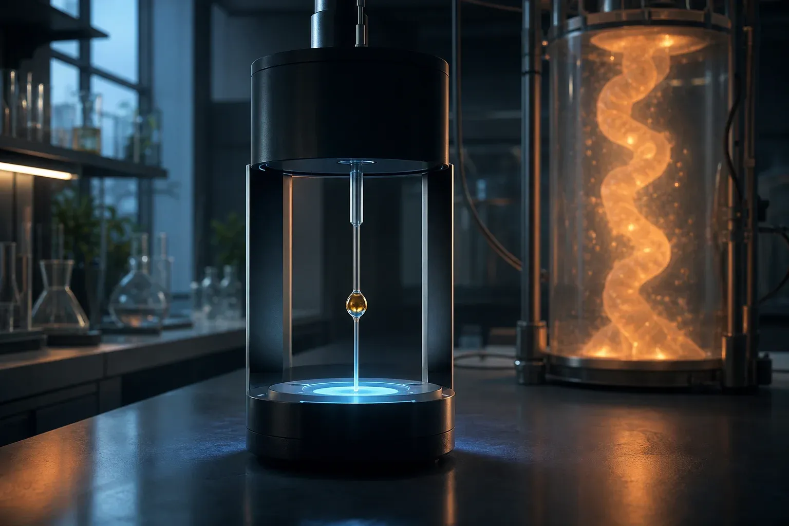 A lab instrument holds one glowing droplet in a glass tube, with a tall column of tissue pulsing with waves of light behind it.