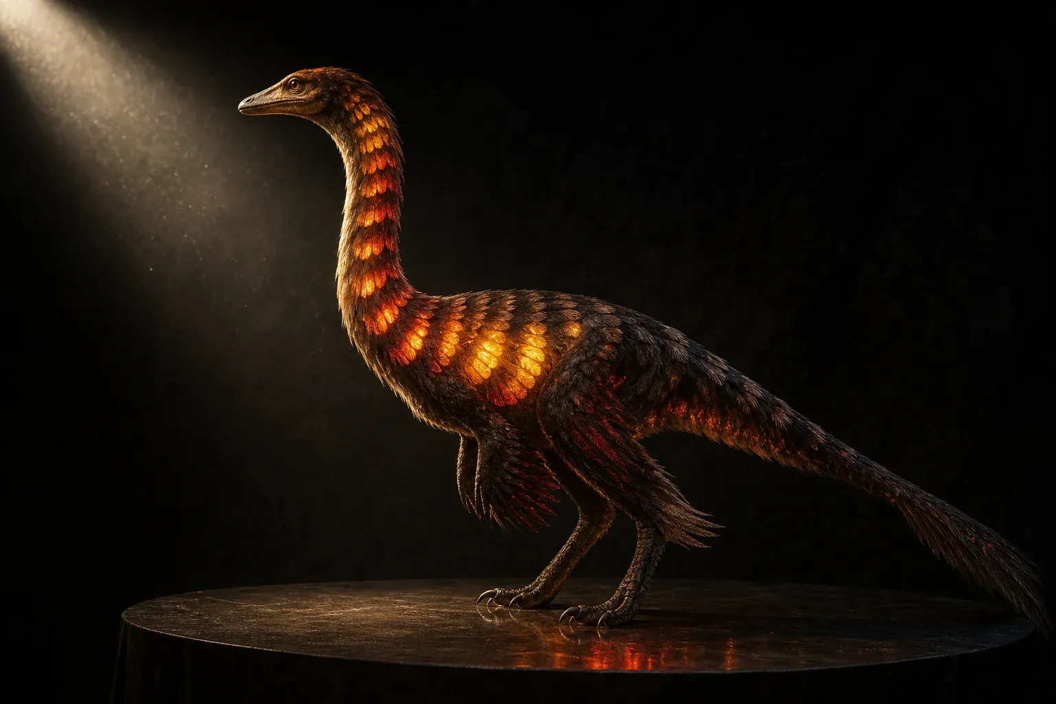 A feathered reptilian creature with amber-to-red banded plumage and a glowing patch on its flank, studio-lit against black.
