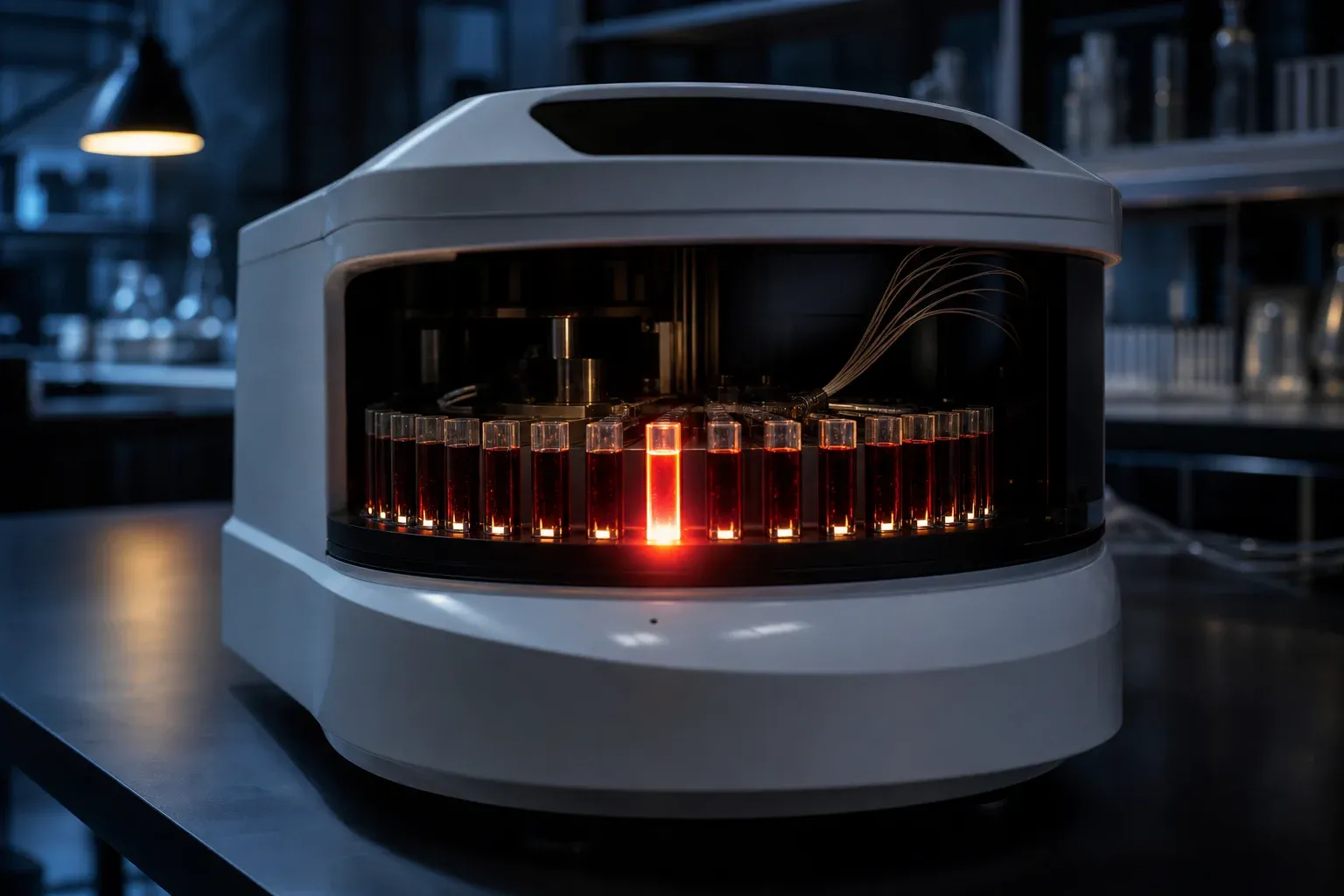 A rotating glass carousel of blood samples inside a lab analyzer, one sample glowing far brighter than the rest.