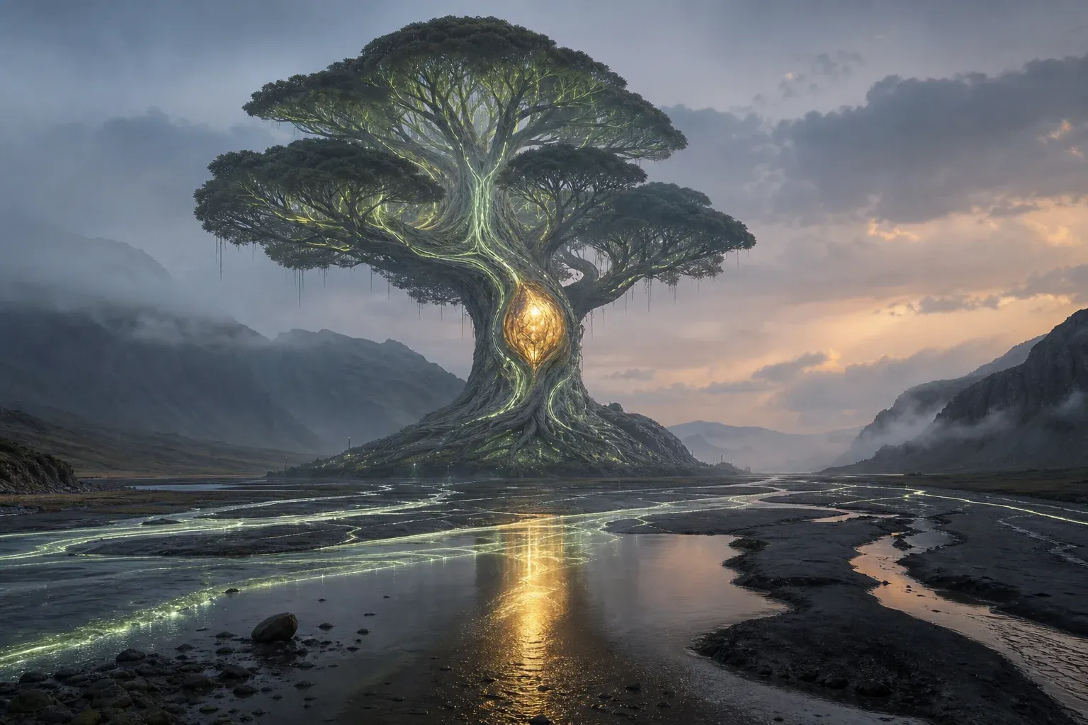 A huge tree-like organism in a misty valley with glowing sap channels, one blocked junction swollen and glowing brightly above braided streams.