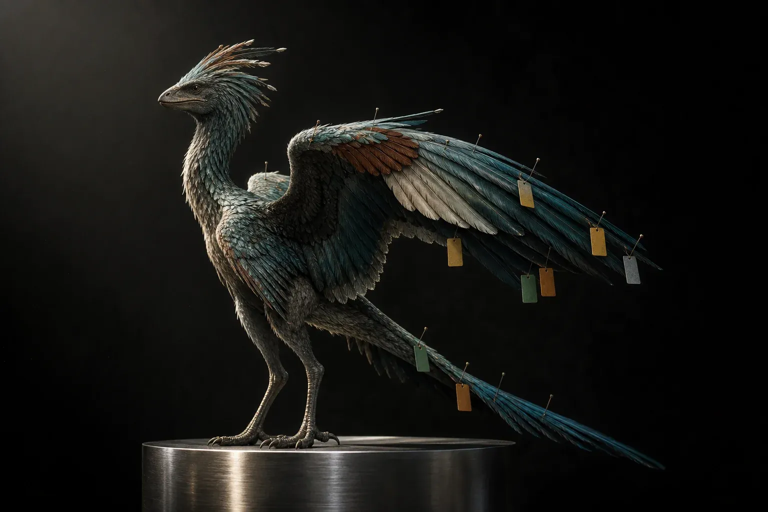 A feathered reptile specimen on a steel plinth in studio light, with brass pins and blank colored tags marking off-color feathers along its wing.