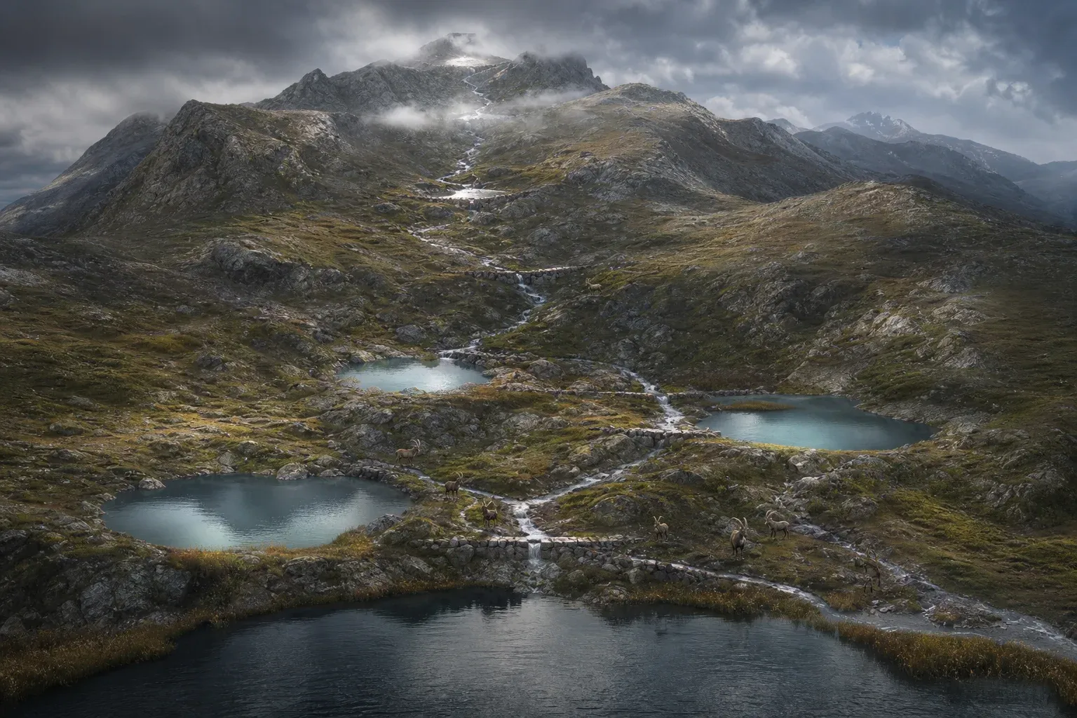 A mountain stream divides at stone weirs into branches that end in four lakes at different heights.