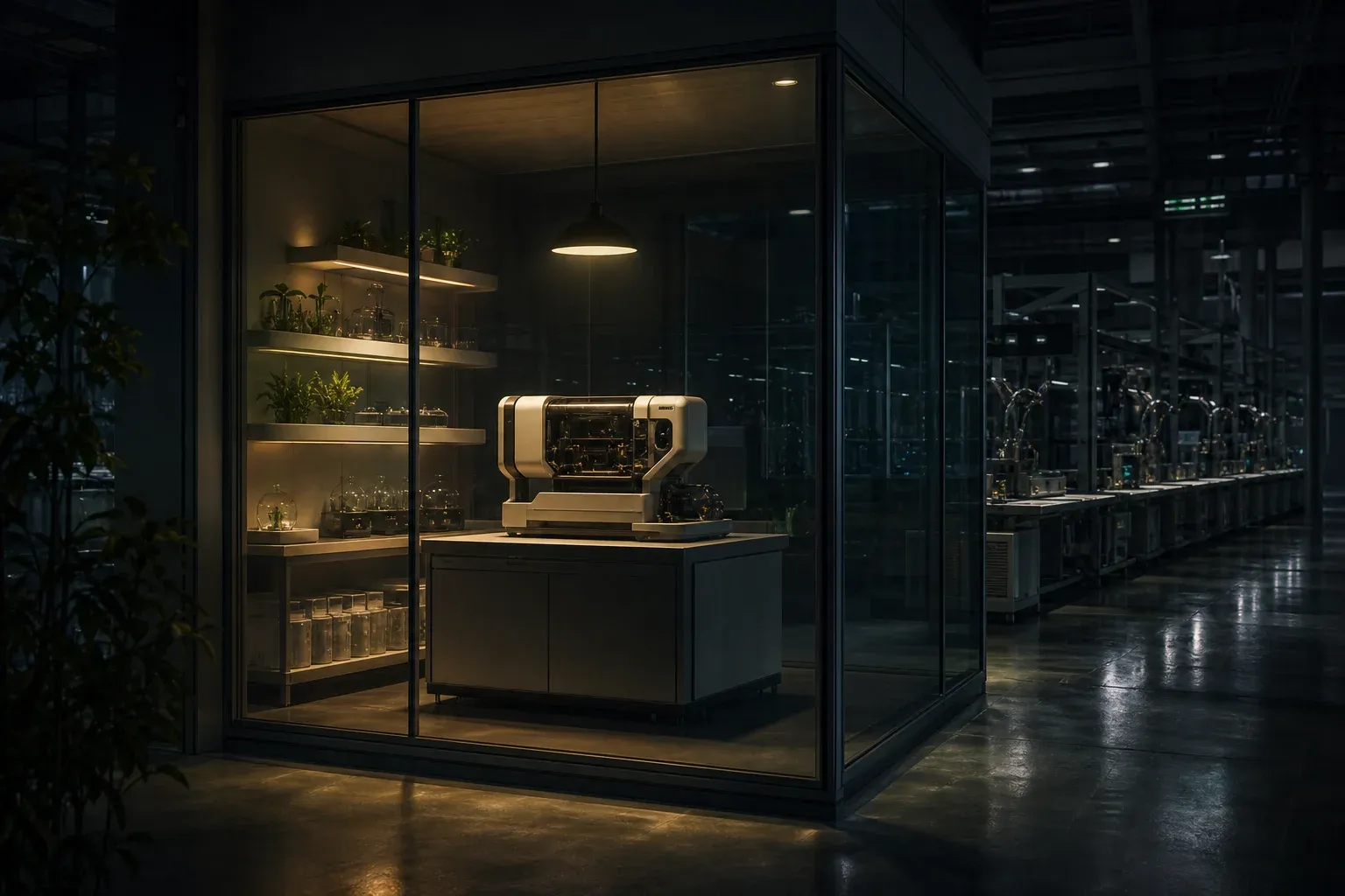 A small instrument works inside a warmly lit glass room, with a larger production line standing dark beyond the glass.