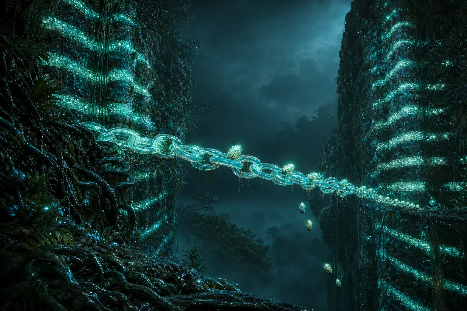 A bridge of glowing organic links spans a forest gorge, carrying luminous pods between two striped cliff faces at night.