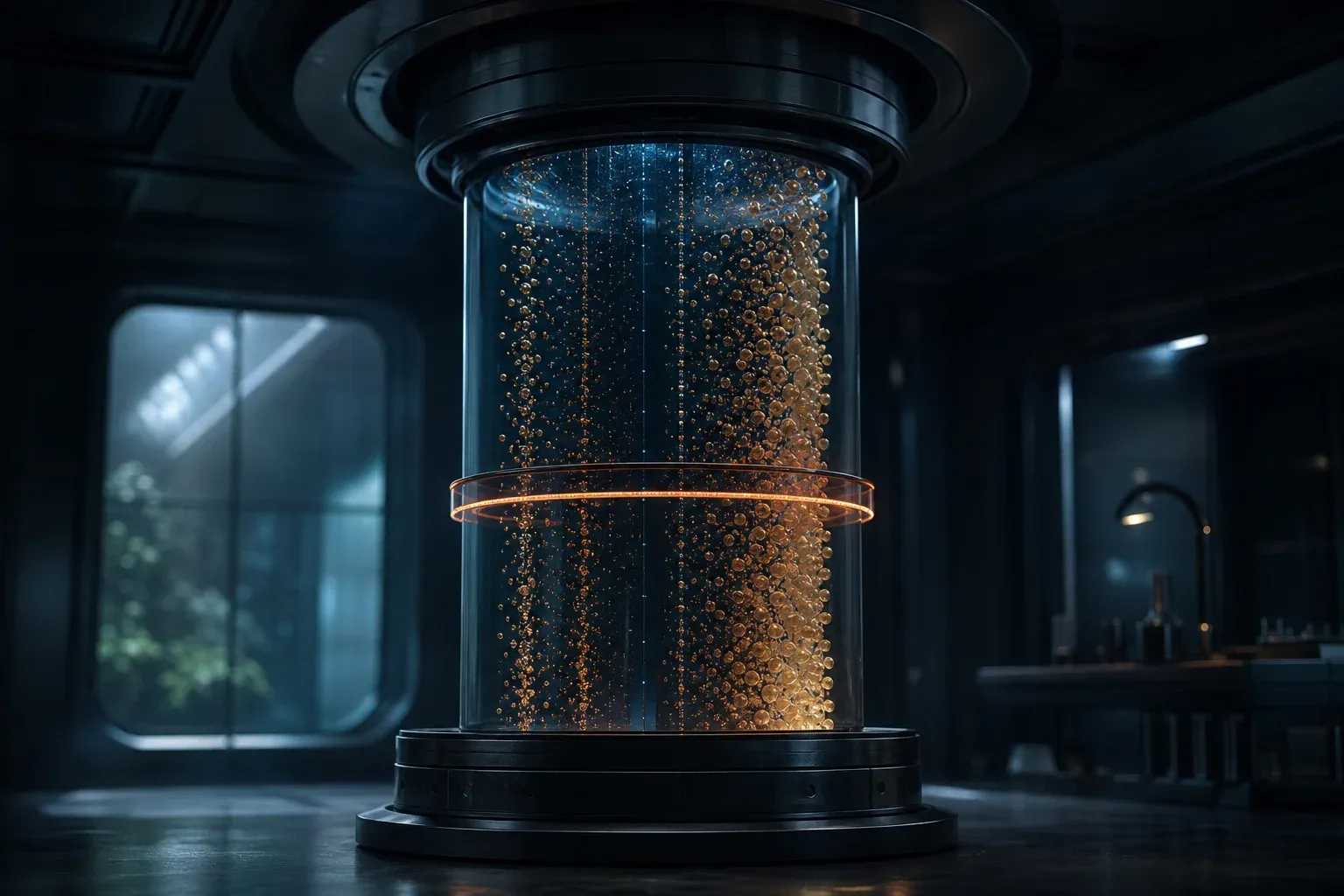 A tall glass column in a dark lab where thousands of tiny glowing spheres drift upward and sort into lanes by size.