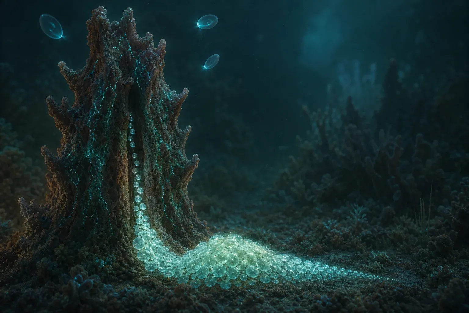 Tiny glowing discs stream through a slit in a coral column on a dark reef and pile up sorted by size beyond it.