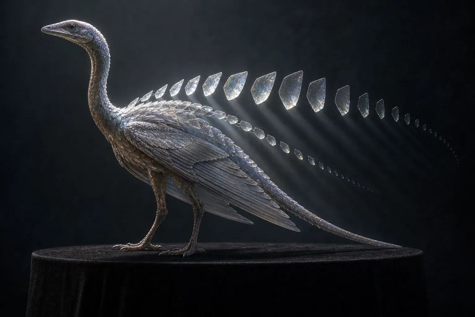 A studio-lit winged reptile specimen on a dark plinth, its clear scales lifted into a floating fan ordered from small to large.