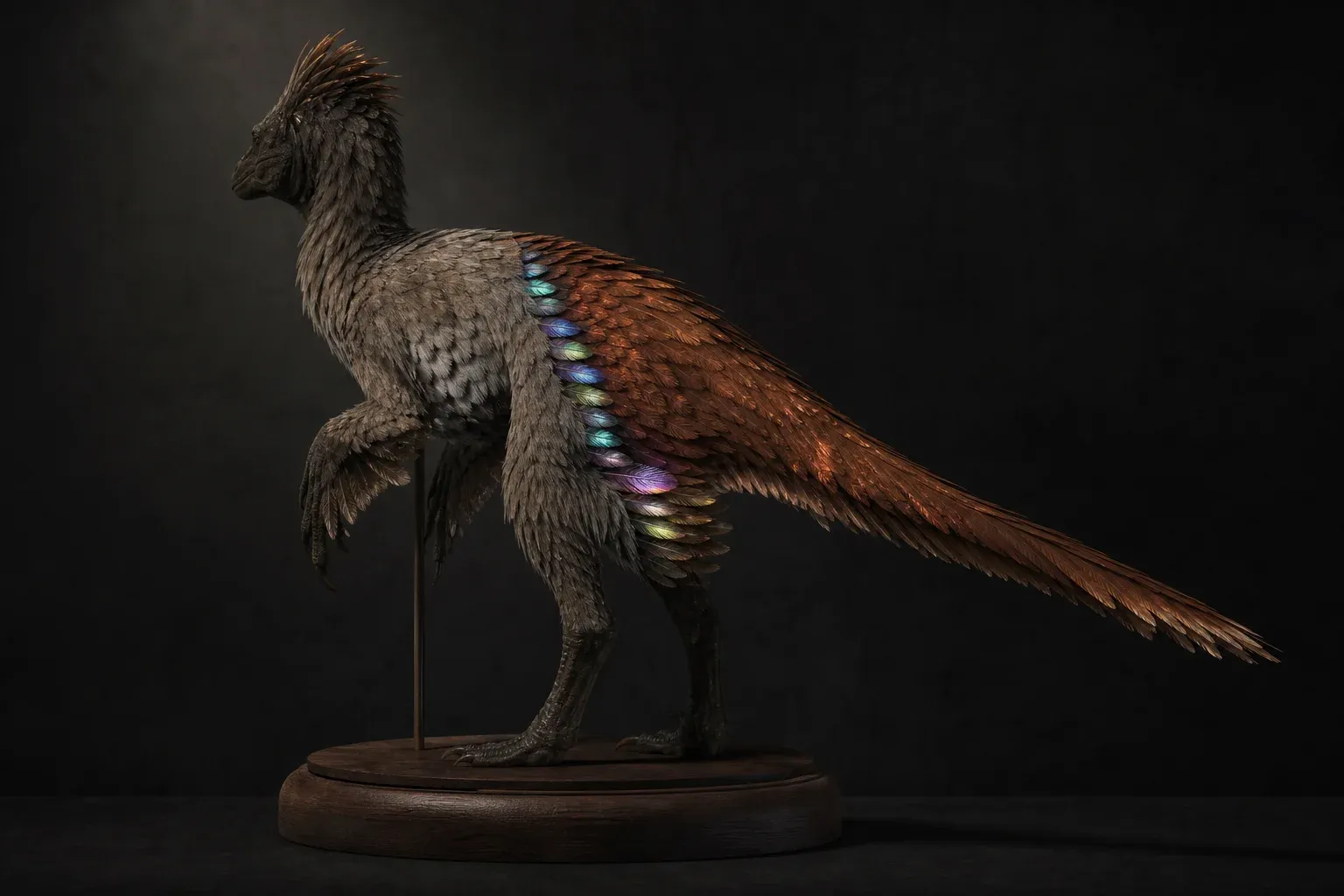 A feathered reptile specimen mid-molt on a stand, half dull and half iridescent, with sixteen faintly glowing feathers, lit against darkness.