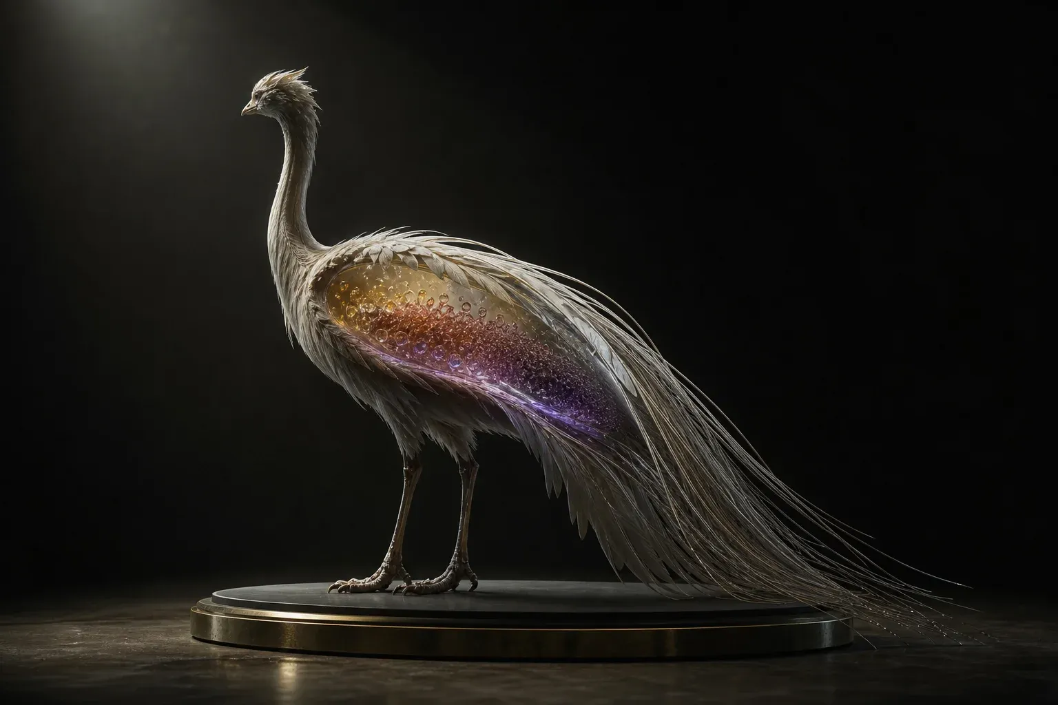 A studio-lit engineered feathered creature on a dark pedestal, its translucent flank filled with drifting droplets sorted into glowing colored bands.