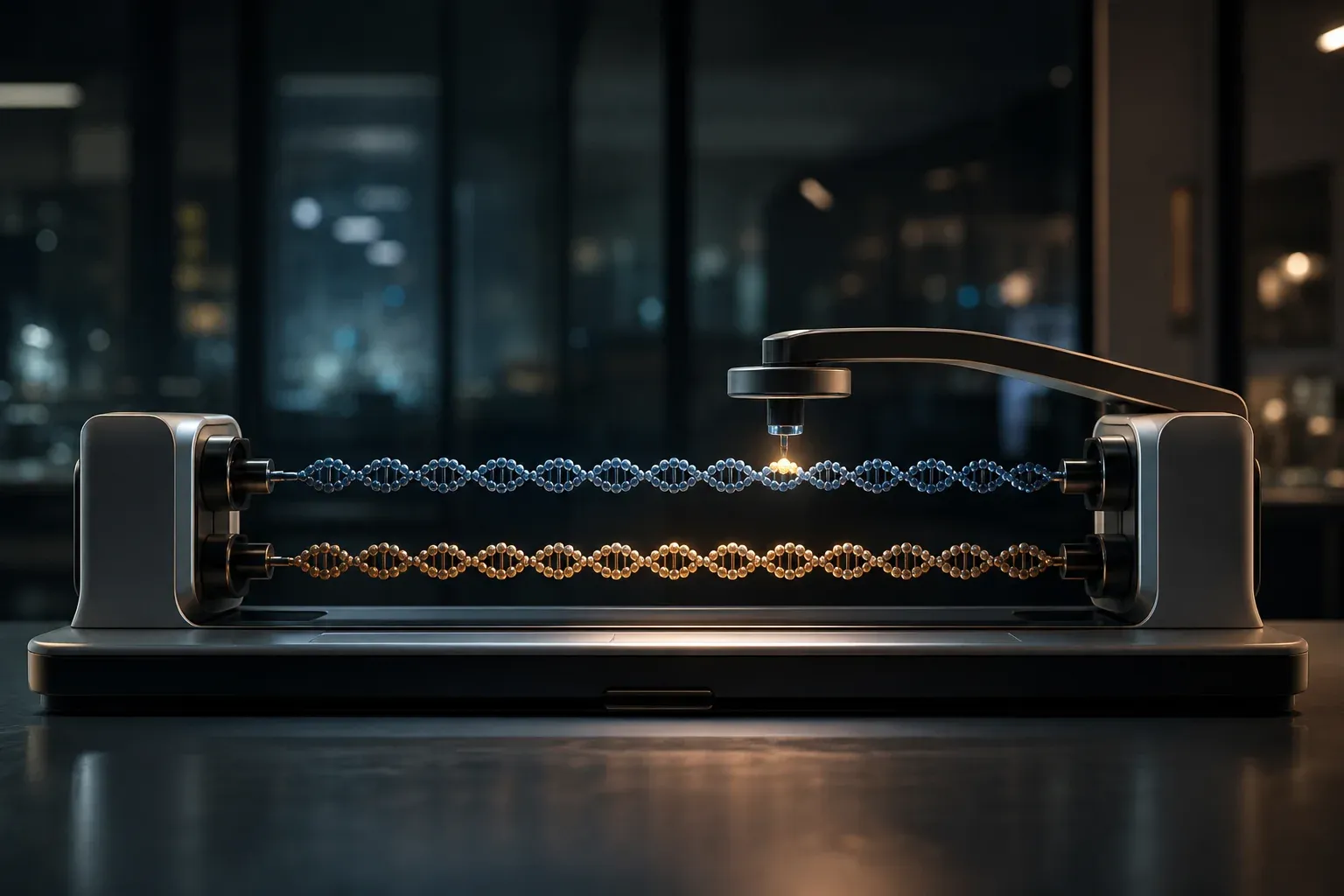 Two mirrored glowing DNA strands stretched between clamps in a dark lab instrument, one base marked by a bright gold bead.