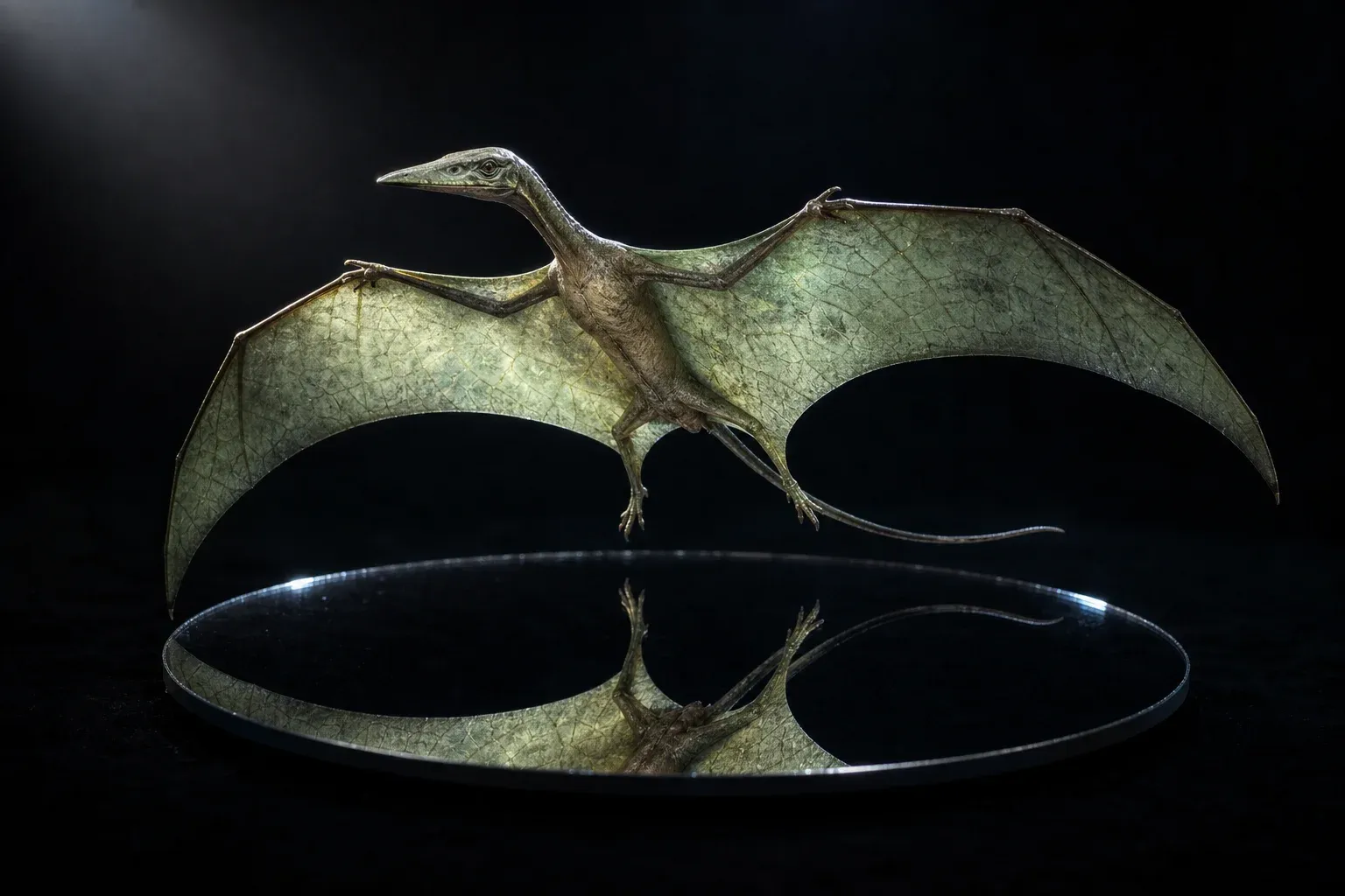 A green-veined winged reptile specimen lit in a dark studio, with its mirrored reflection appearing as a reversed twin below.