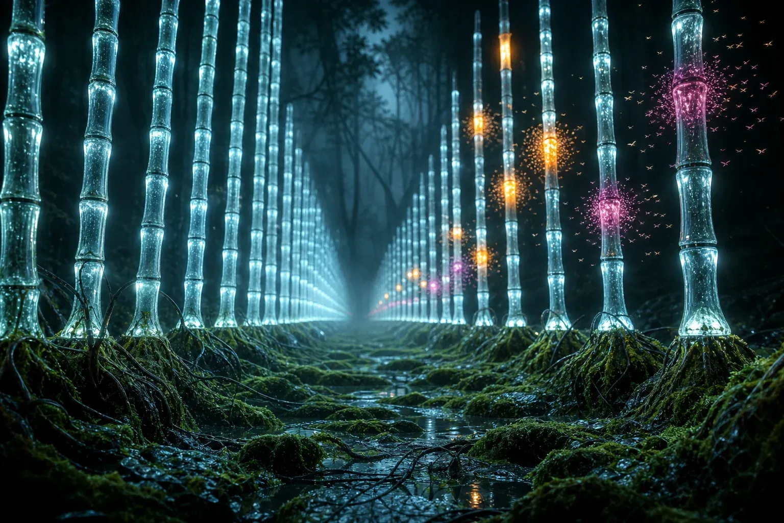 Two long rows of glowing segmented reeds in a dark forest, with mismatched amber nodes surrounded by clouds of tiny insects.