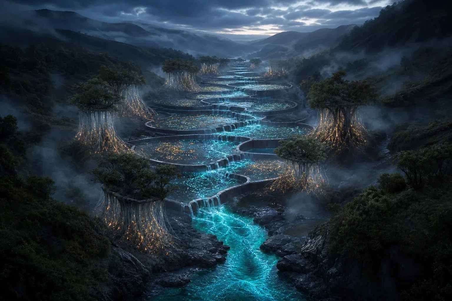 A terraced valley where glowing river fragments are filtered stage by stage through translucent root curtains into one clear blue channel.