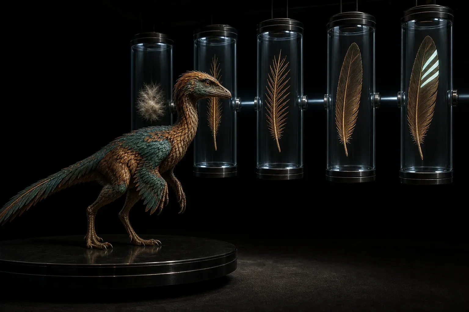 A feathered dinosaur on a dark studio turntable beside five glass cases showing a feather at successive stages of assembly.