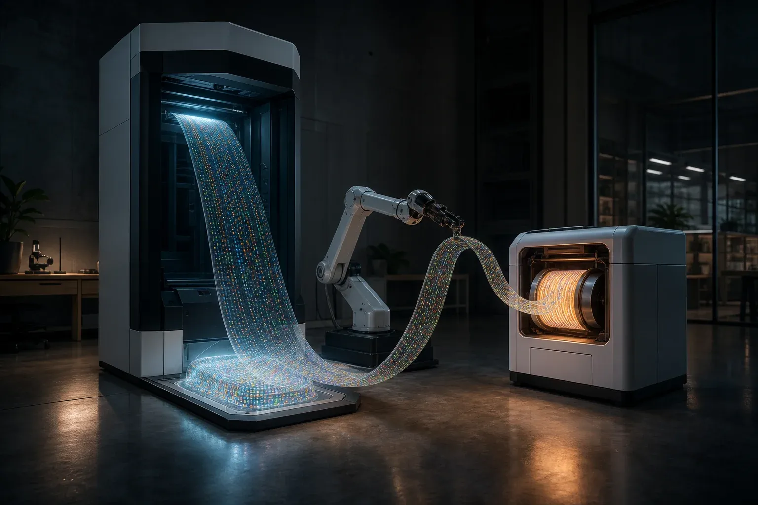 A sequencing machine pours a long ribbon of four-colored dots into a basin while a robotic arm winds it onto a glowing spool.