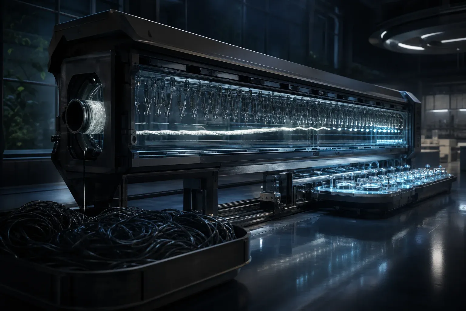 A laboratory machine plucks short glowing segments from a long pale strand with rows of fine probes, discarding the rest into a coil.