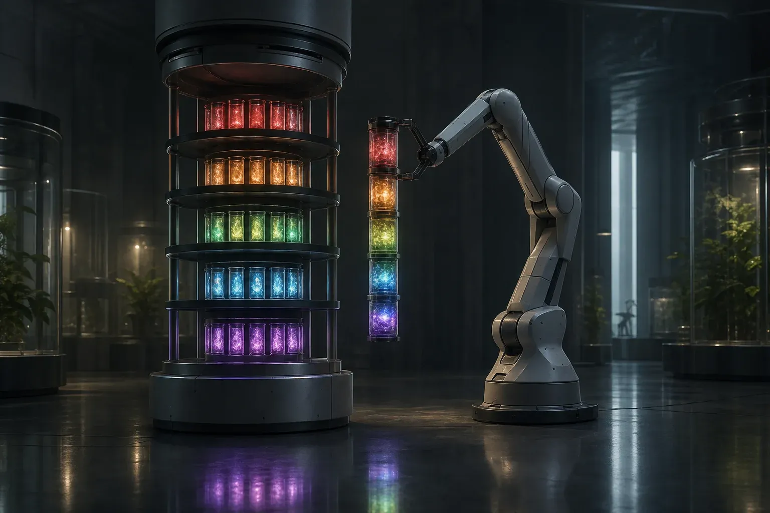 A tall lab instrument with five shelves of glowing colored cartridges while a robotic arm aligns one from each layer in a beam of light.