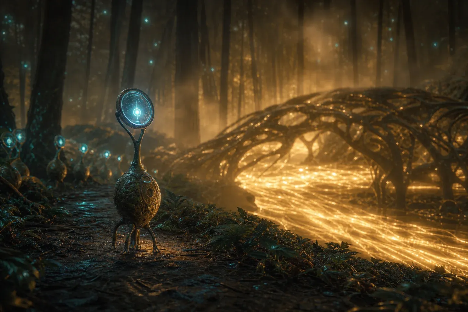 Small glowing lens-pods along a forest trail, each holding one bright particle, while a vast river of luminous strands is processed by giant arched roots behind.