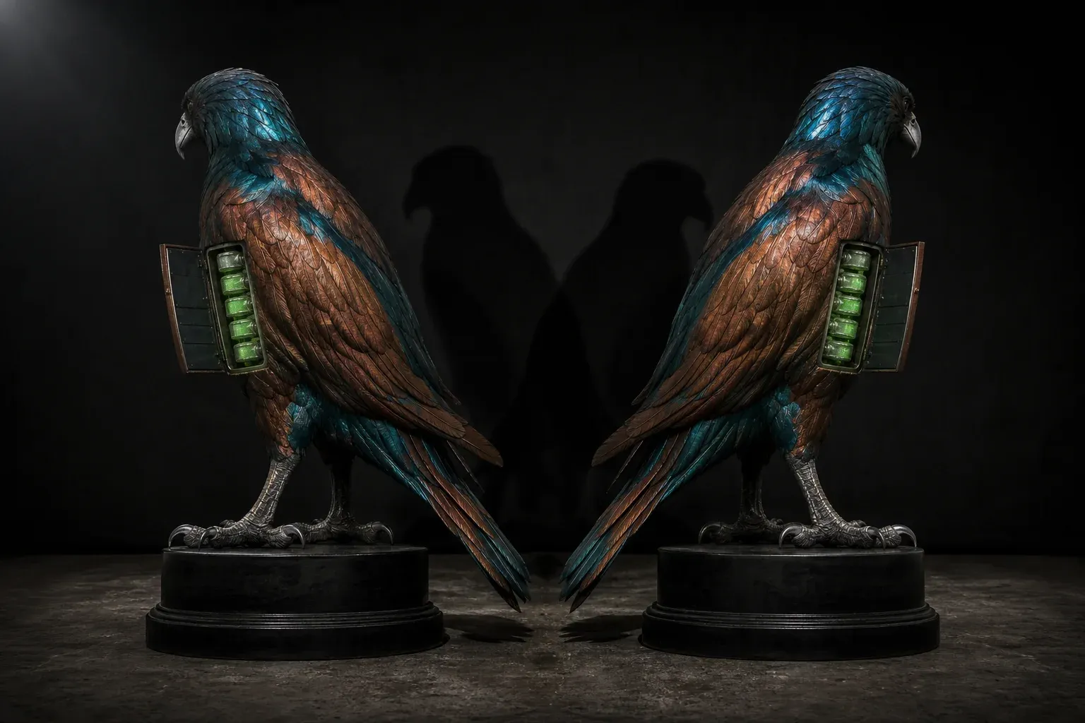 Two identical iridescent feathered creatures on black pedestals, flank panels open to show matching rows of glowing modular cartridges.