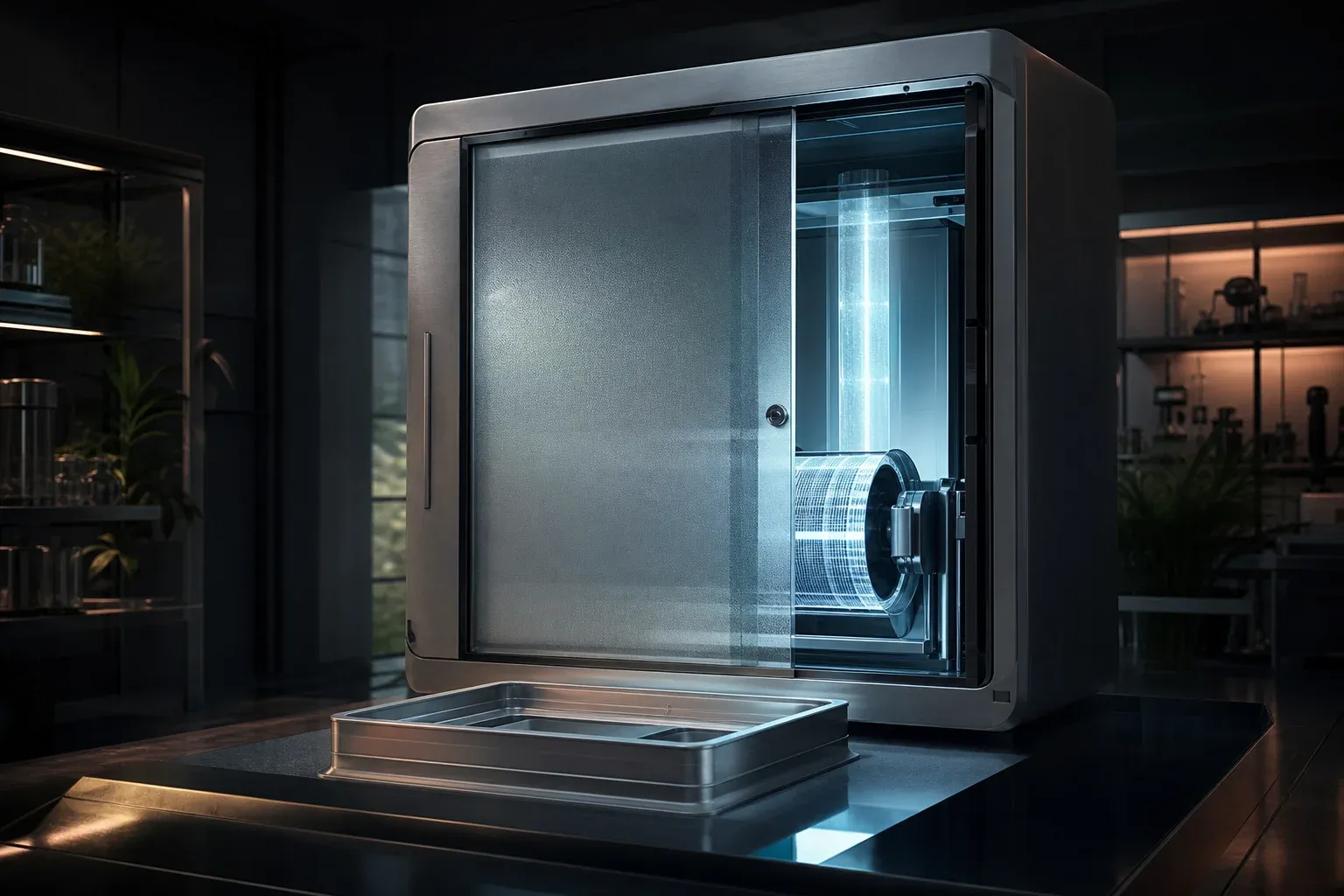 A sequencing machine in a dark lab with a half-open frosted gate holding back a glowing coiled ribbon of banded film.
