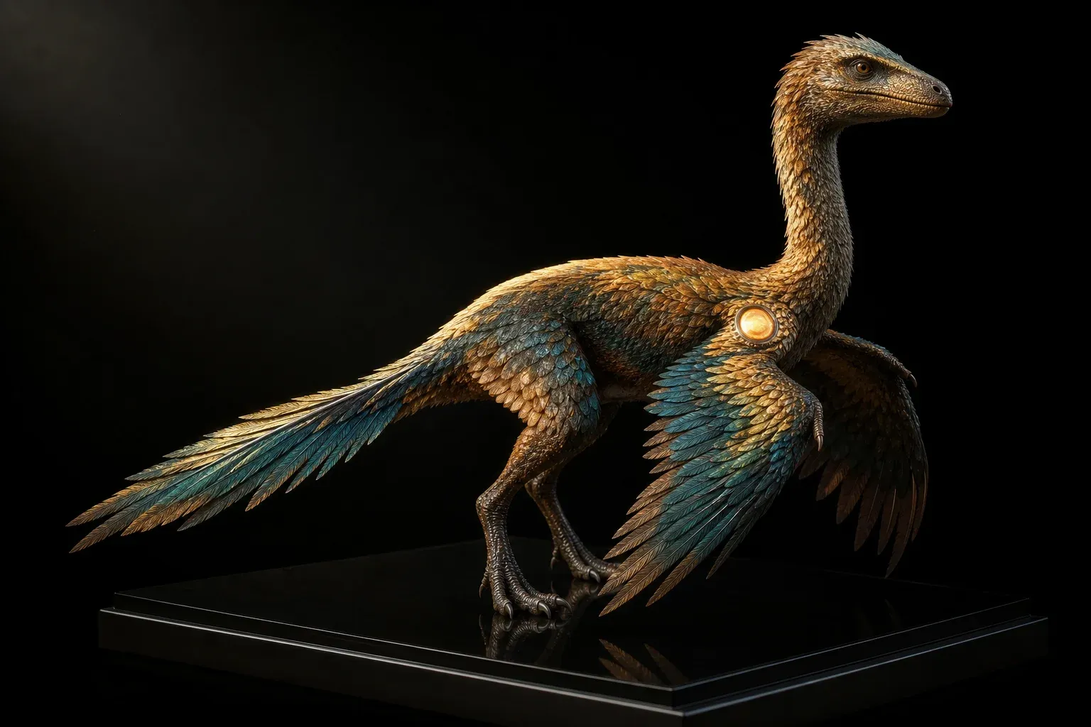 A feathered winged reptile on a black plinth with a glowing amber disc embedded in its forelimb, lit against darkness.