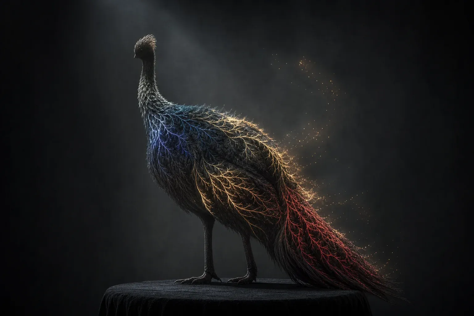 A feathered specimen creature on a black plinth, its plumage divided into colored tracts, only a few lit and shedding clustering motes.