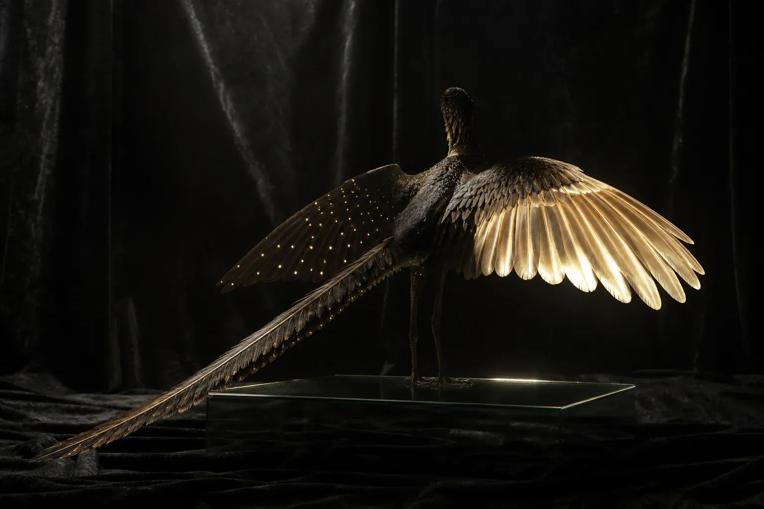 A feathered specimen creature on a glass plinth, one wing sparsely dotted with glowing quills, the other fully lit with continuous golden plumage.