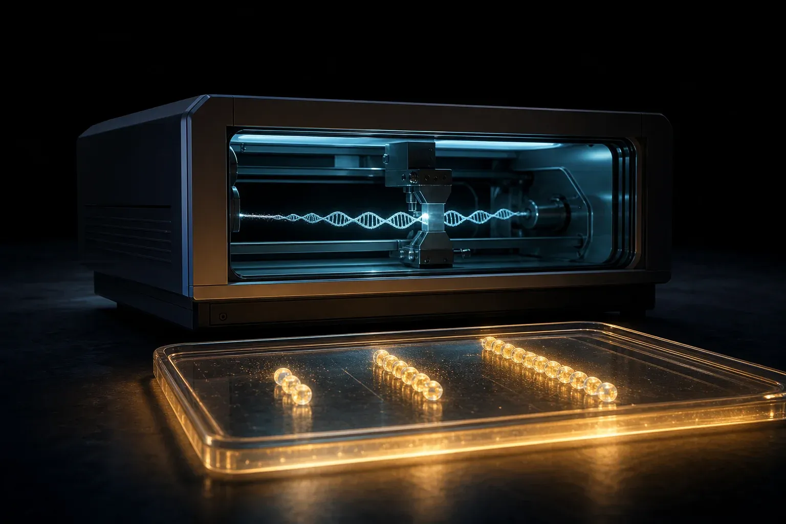 A sleek lab instrument draws a glowing DNA strand past a reader, beside a gel tray showing a gene repeated as a row of lit beads.