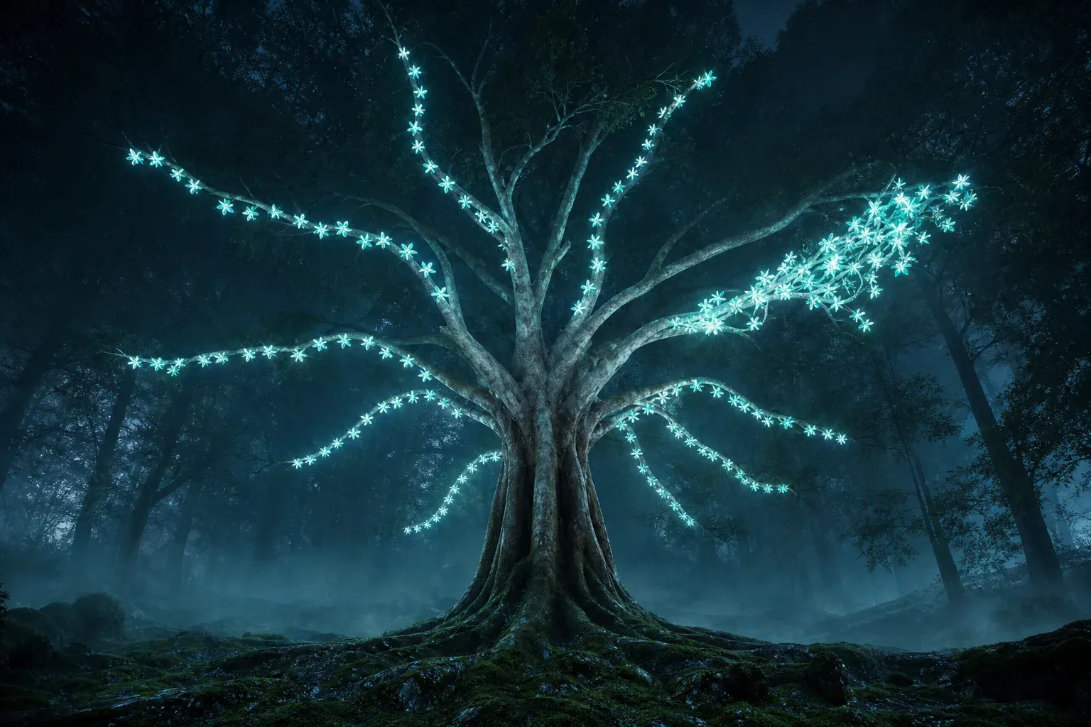 A huge forest tree at night whose branches carry chains of glowing star-shaped pods, with one branch bearing a tangled duplicated cluster.