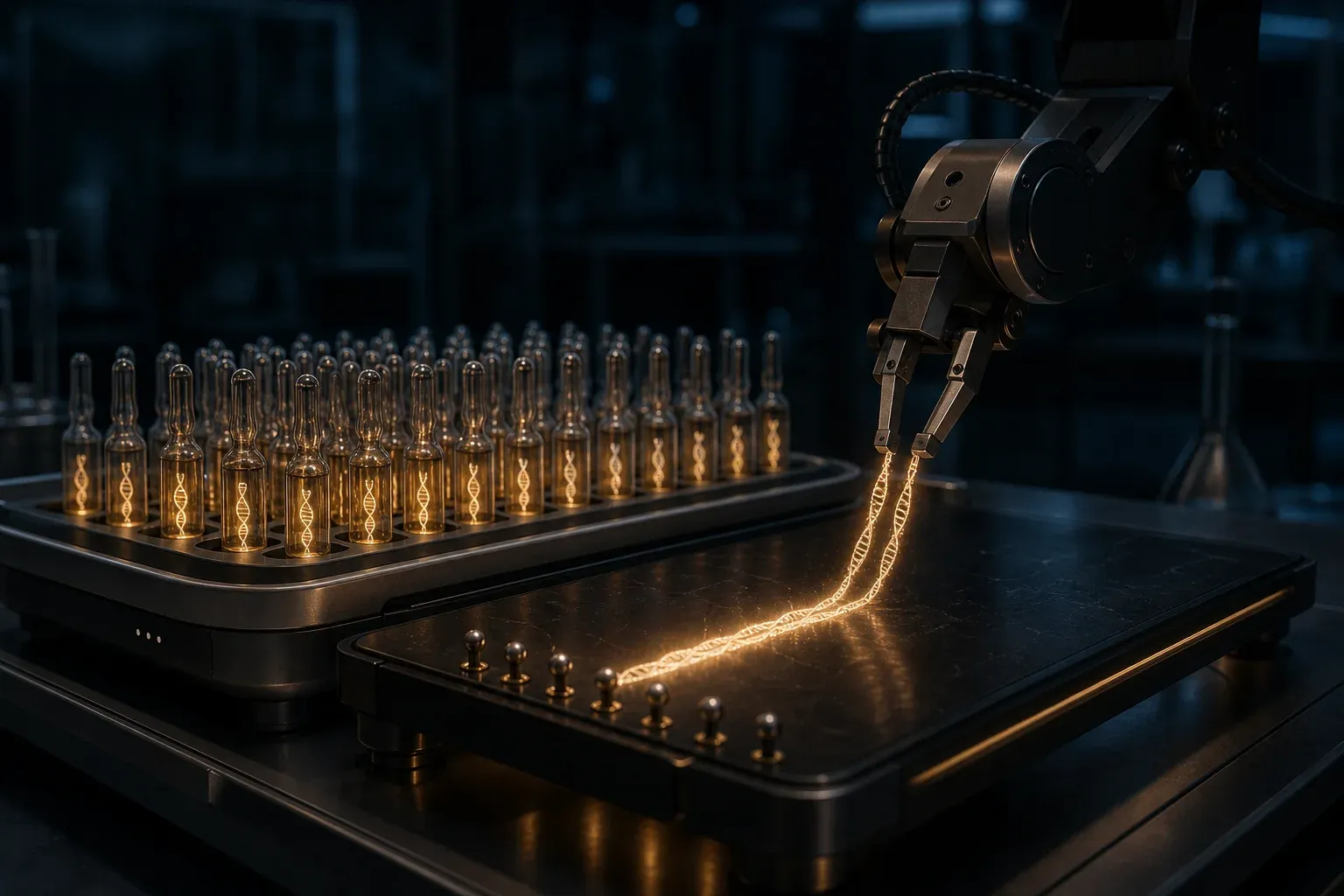 A lab instrument lifts two glowing DNA filaments from a tray of glass ampoules and merges them on a dark reading plate.