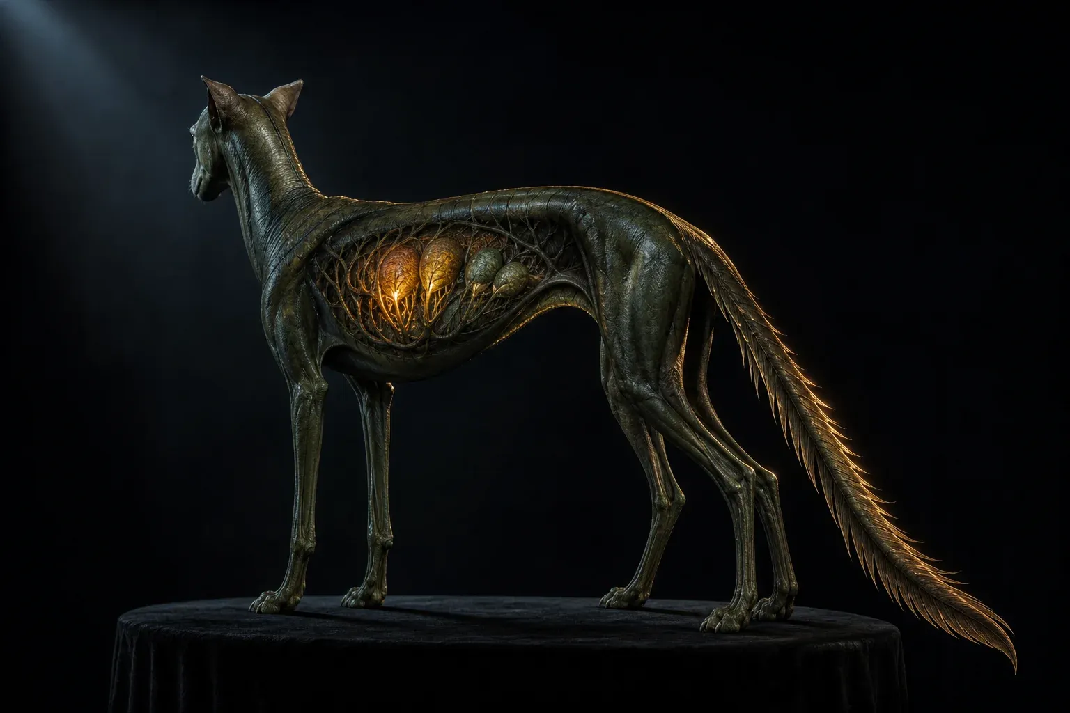 A studio-lit engineered four-legged creature on a dark plinth, its translucent flank showing two glowing filter organs pulsing at different speeds.