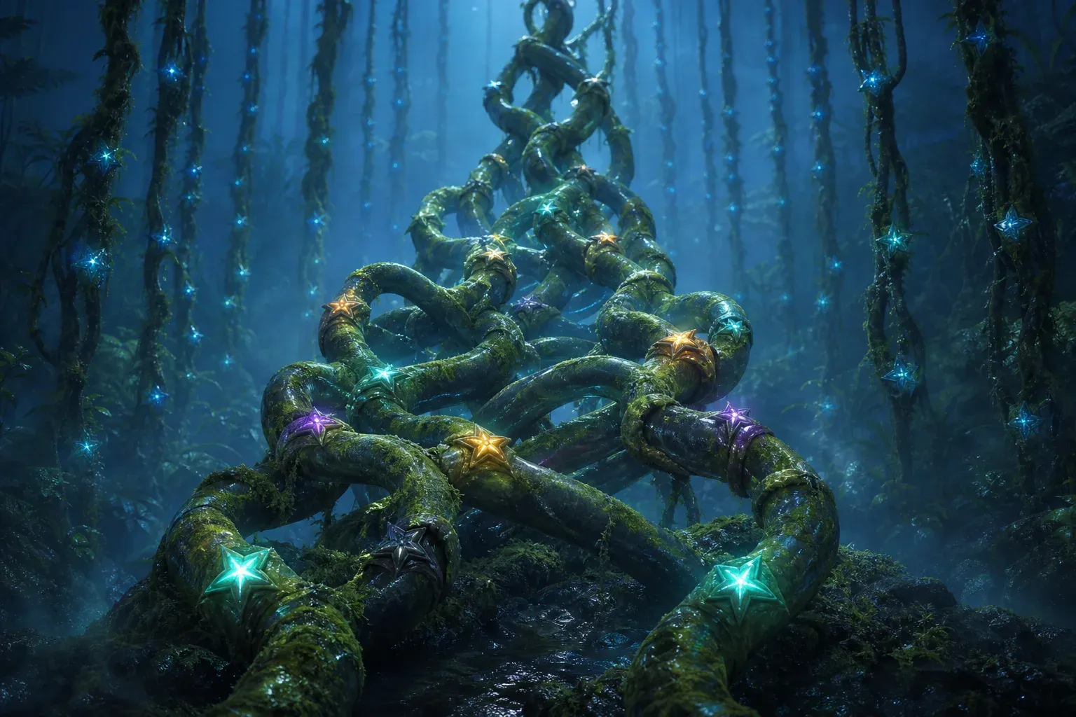 A glowing forest vine of repeated near-identical segments, each with a star-shaped valve lit in a different color, one gone dark.