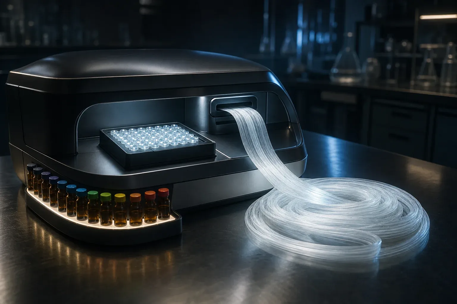 A lab instrument beside a thirty-well cartridge and a long glowing filament spooling onto a steel bench near colored vials.