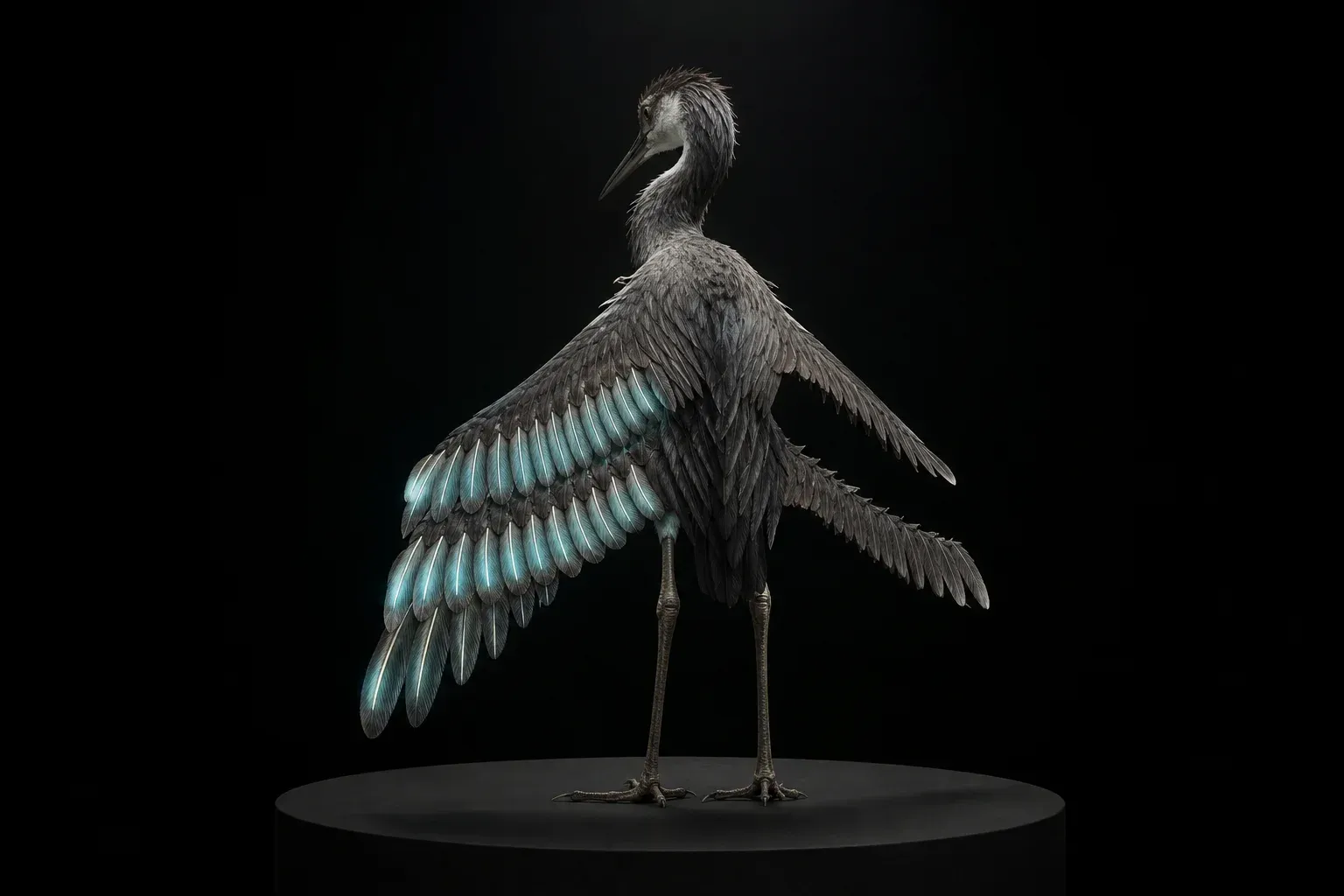 A feathered two-legged creature on a pedestal in a dark studio, one wing showing repeated feather clusters and the other showing gaps.