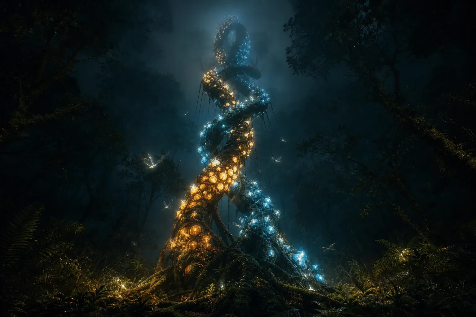 Two giant vines braid around each other in a dark misty forest, one strung with amber glowing pods, the other with blue, seen from the ground looking up.