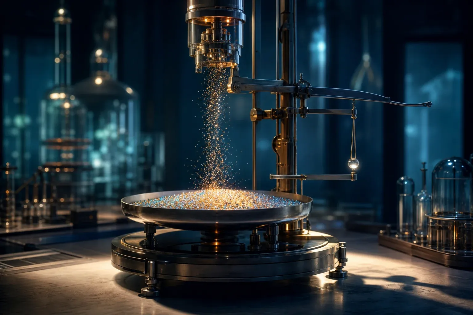 A laboratory machine pours a stream of tiny glowing beads onto a steel balance pan in a dark clean room.
