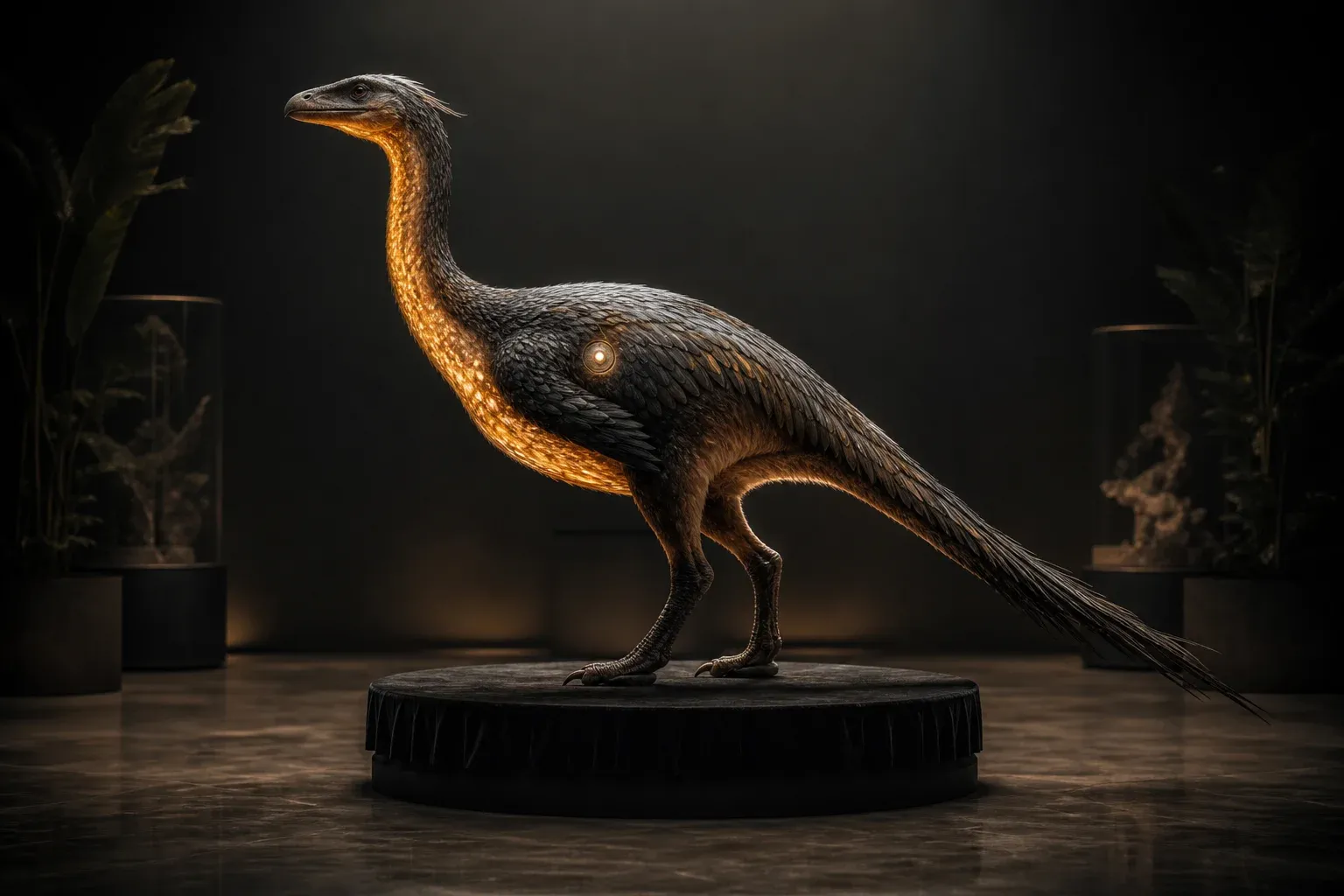 A feathered specimen creature on a black plinth, a band of warm light rising under its throat, a pale sensor disc on its flank.