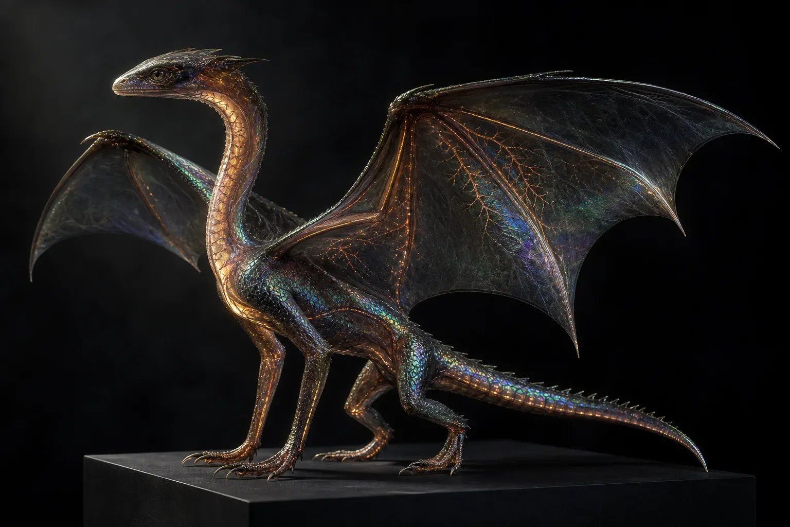 An iridescent winged reptile on a black plinth, studio-lit, with glowing amber veins pulsing in evenly spaced bands along its neck and wings.