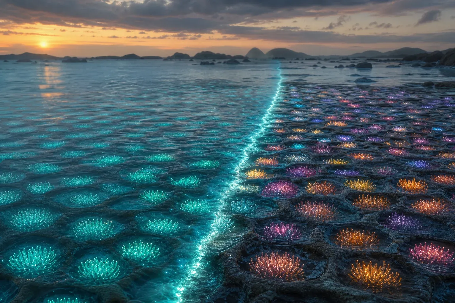 Grid of tidal pools holding glowing colonies, mismatched colors ahead of an advancing waterline and uniform teal behind it.