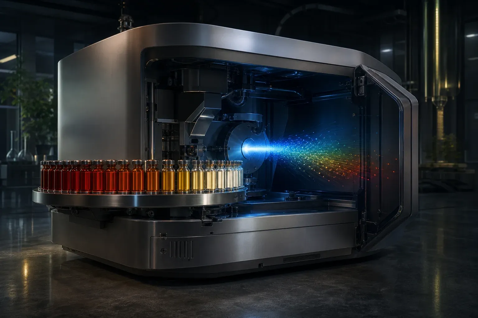 An open mass-spectrometry instrument splits a plasma aerosol into a fan of light, fed by a carousel of hundreds of amber vials in graded colors.