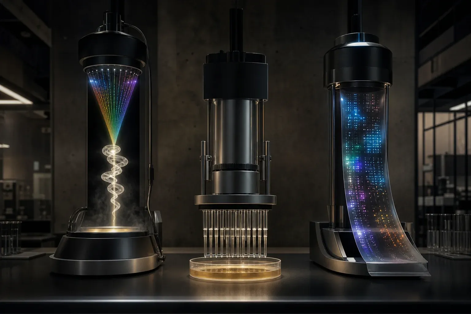 Three laboratory instruments sample one dish of amber plasma, each producing a different glowing pattern of light above a dark bench.