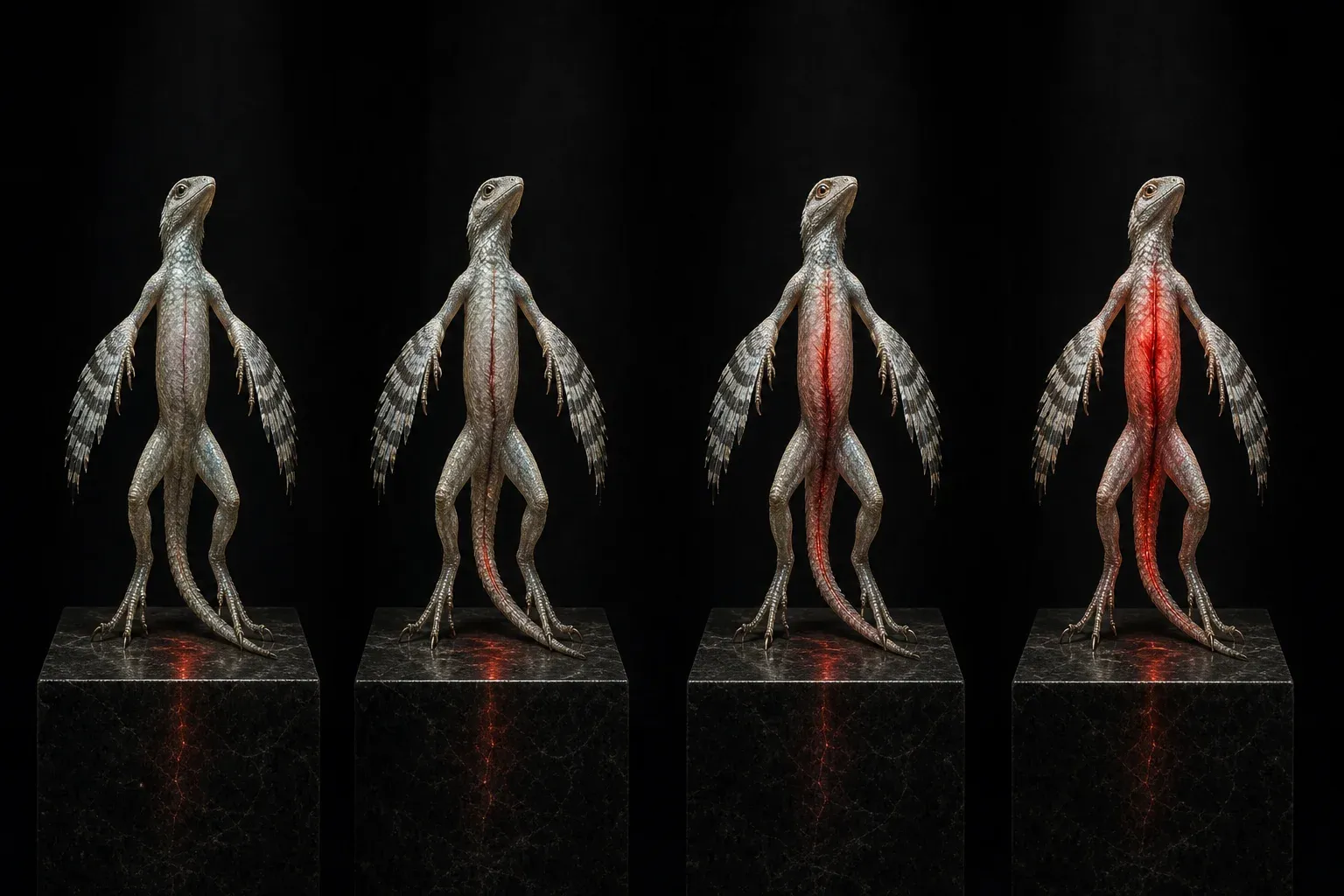 Four dark plinths in a row, each holding the same feathered reptile at a later growth stage, its translucent belly vessel glowing brighter each time.