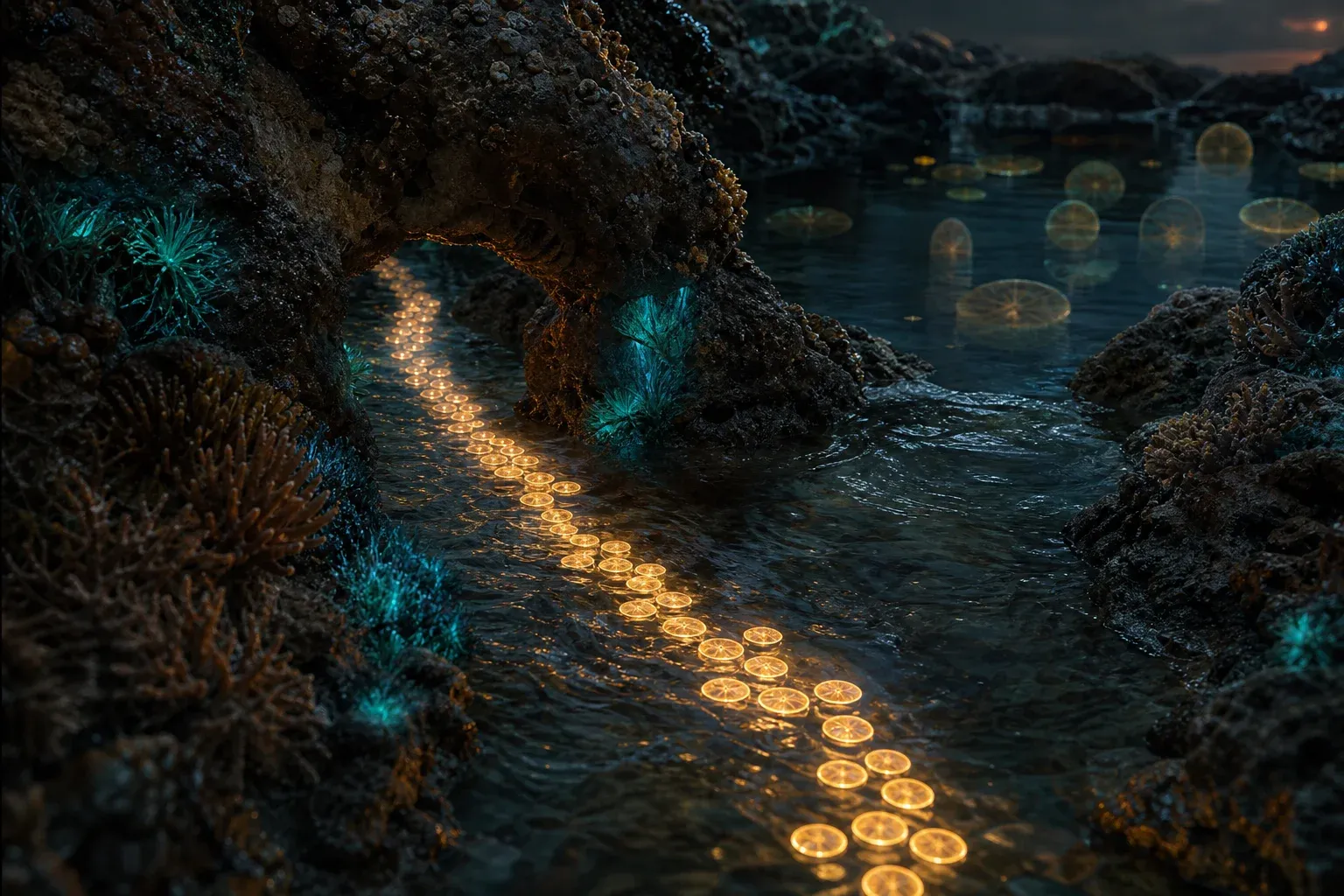Thousands of identical glowing translucent discs drift in single file through a rock channel in a dark bioluminescent reef at dusk.