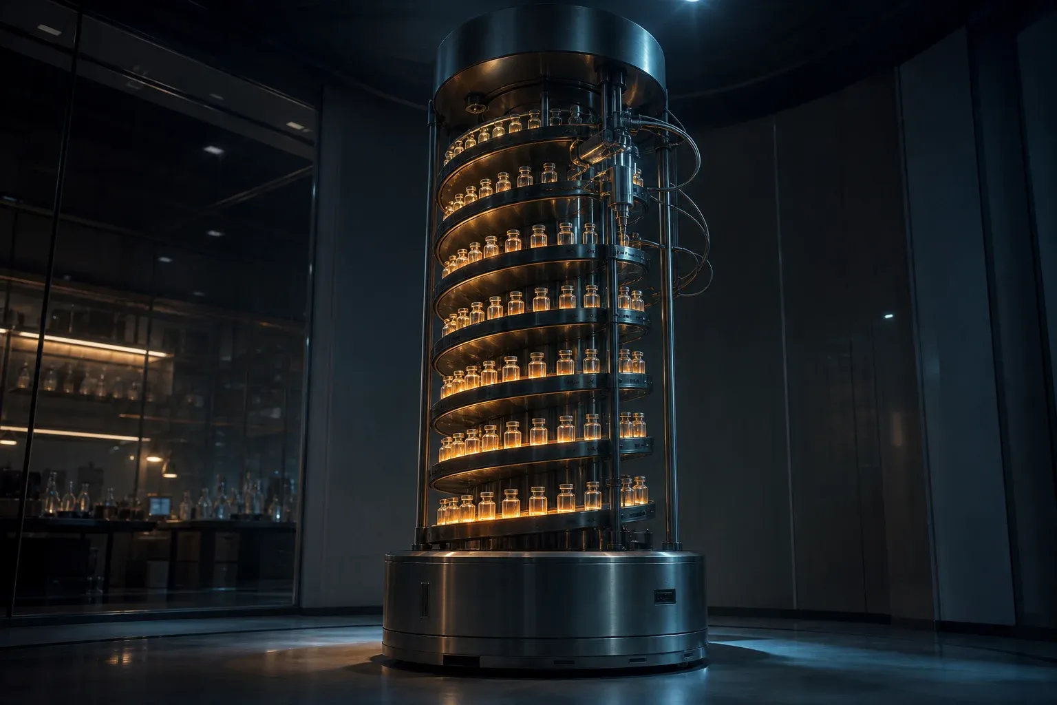 A sleek lab instrument holding a rising spiral carousel of glowing amber blood vials in a dark, clean laboratory.