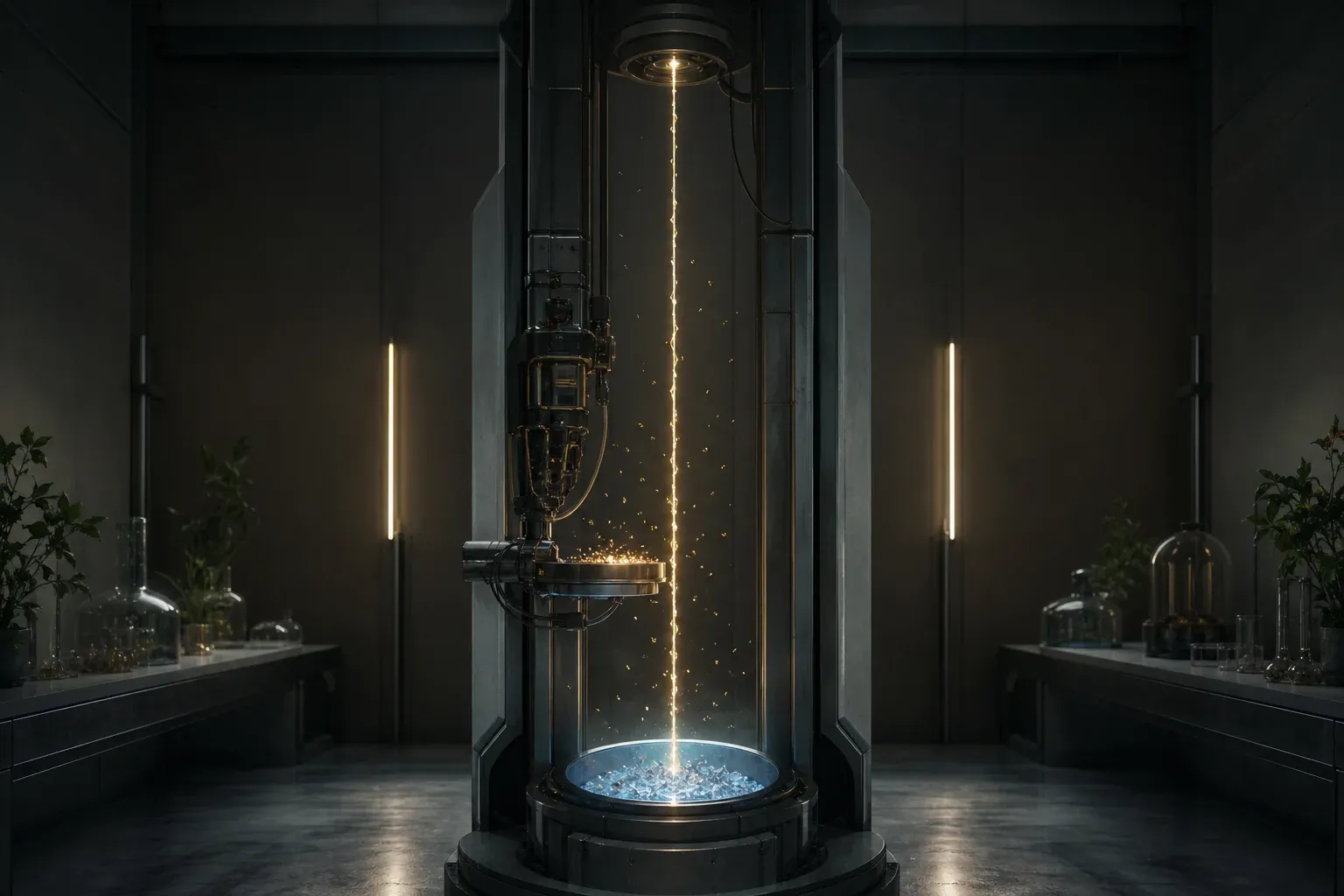 A lab machine aligns thousands of short glowing fragments onto one long vertical golden filament, unmatched pieces falling into a basin below.