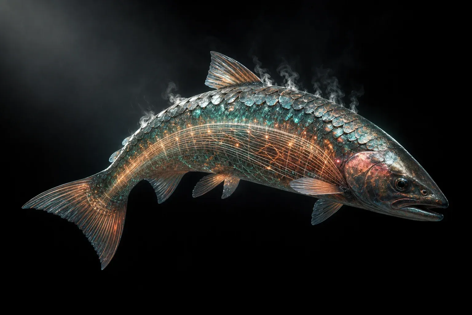 A glowing, translucent salmon-shaped engineered creature floats against a black studio backdrop, internal luminous filaments arranged in parallel bundles.