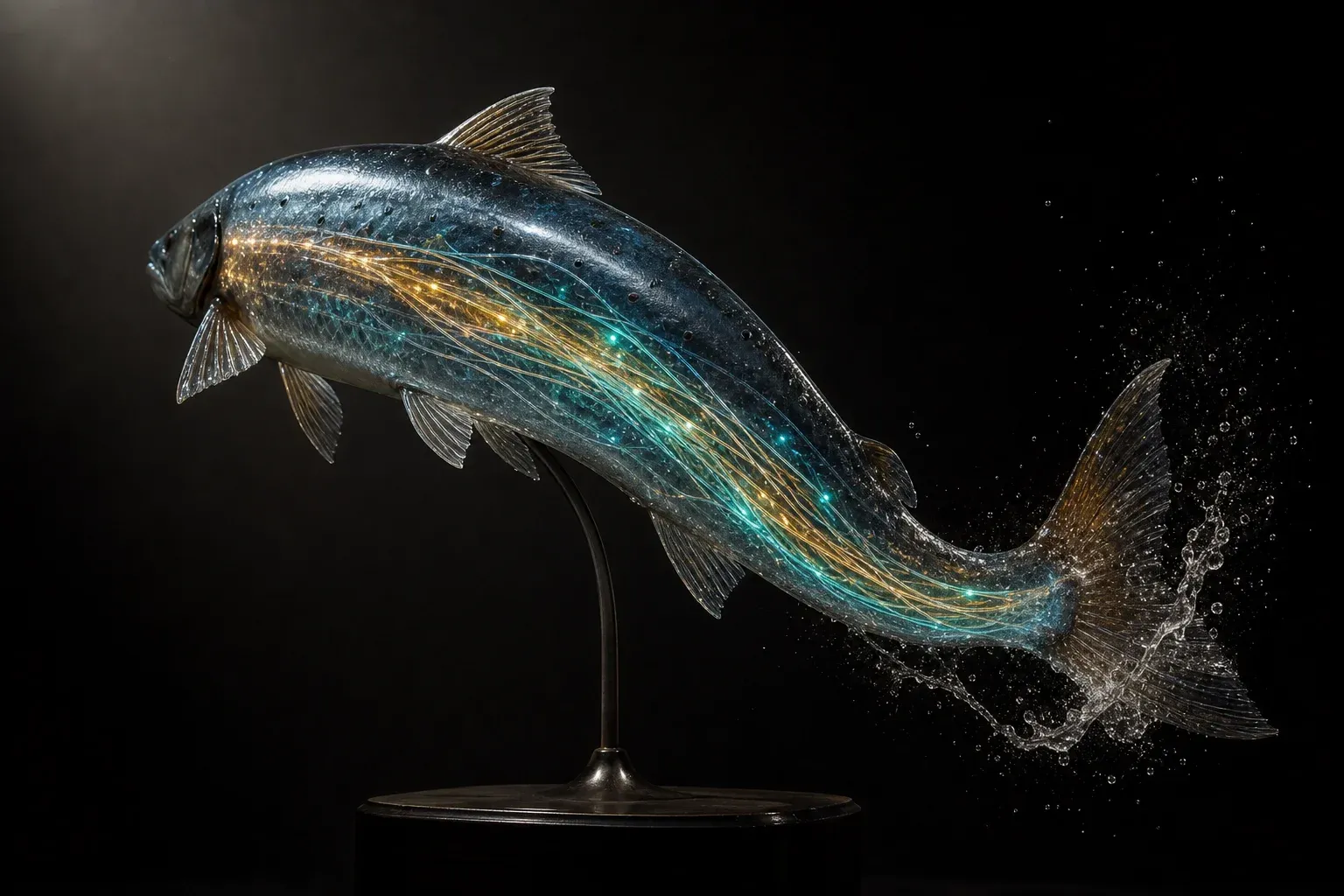 A leaping salmon-like engineered creature mounted as a specimen, its translucent flank revealing bundles of glowing colored filaments, lit against black.