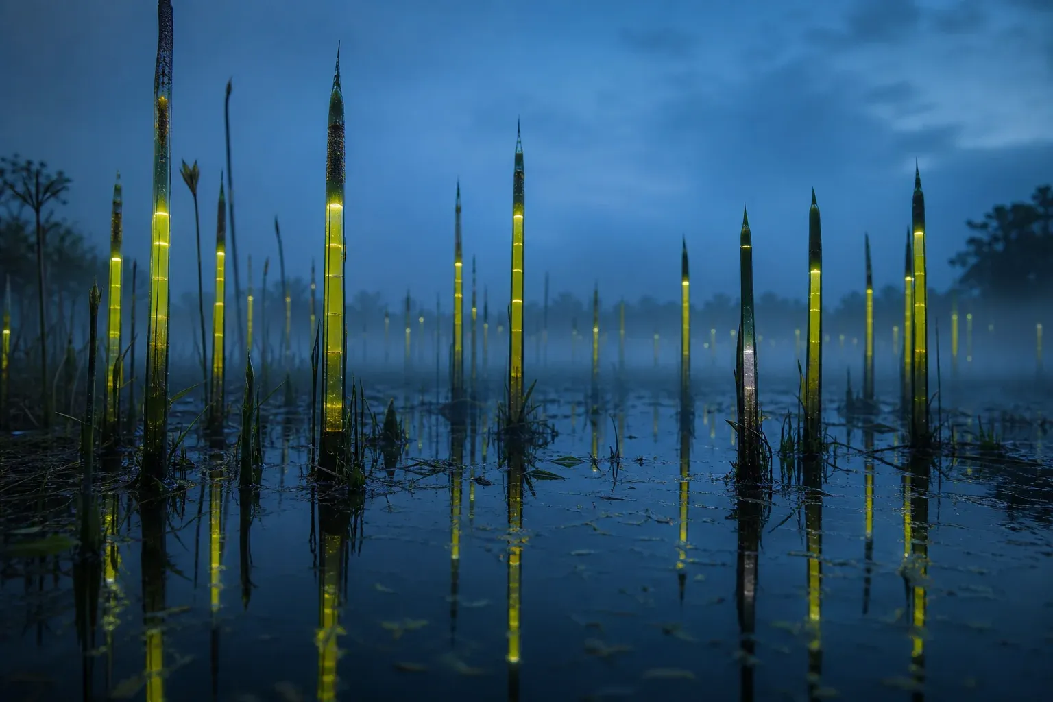 Reeds in a misty wetland at dusk, each holding a glowing column of sap at a different height, reflected in dark water.